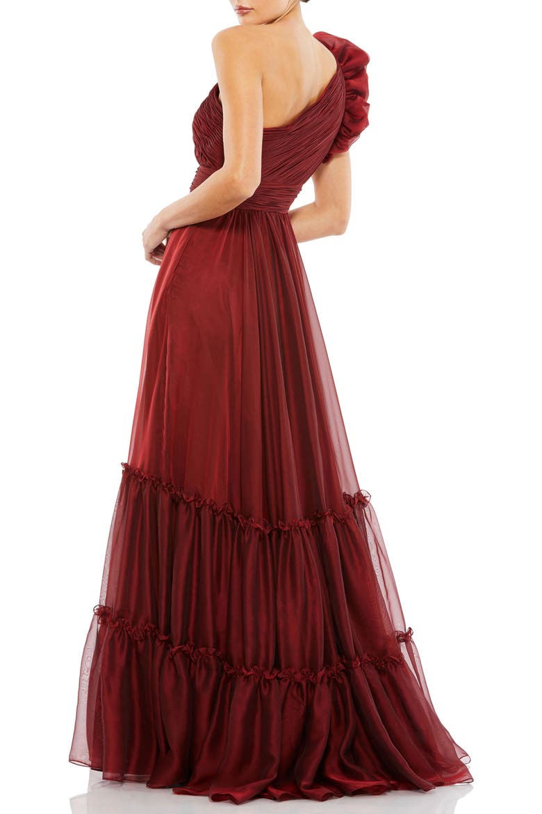 Organza One-Shoulder Pleated Ruffle Gown, Alternate, color, Wine