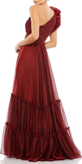 Organza One-Shoulder Pleated Ruffle Gown