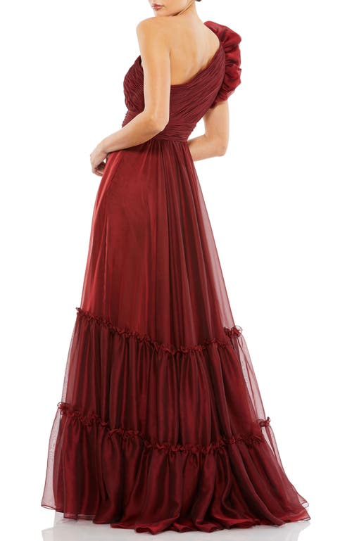 Mac Duggal Organza One-shoulder Pleated Ruffle Gown In Burgundy