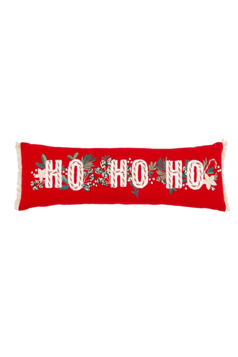 Embellished HO Botanical Fringed Christmas Lumbar Throw Pillow 30" x 10", Main, color, Red