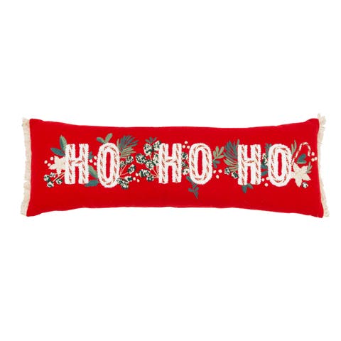 Embellished HO Botanical Fringed Christmas Lumbar Throw Pillow 30" x 10"