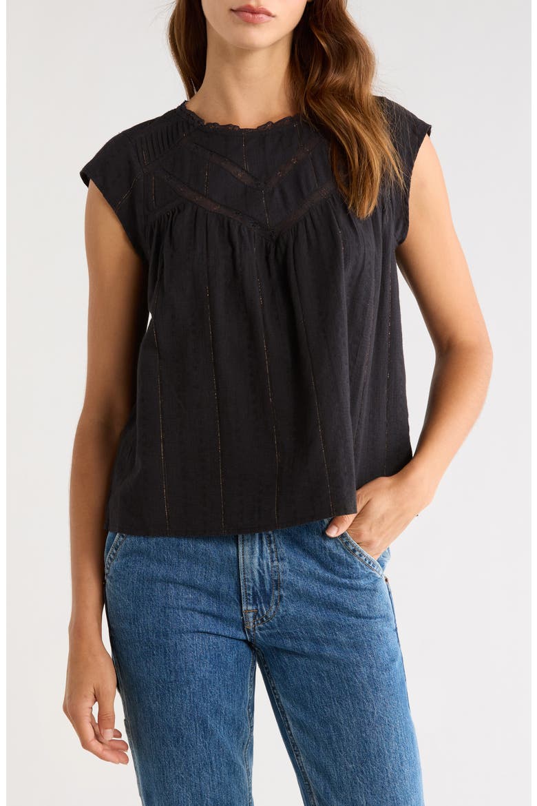 Lace Inset Yoke Metallic Cotton Top, Main, color, CAVIAR