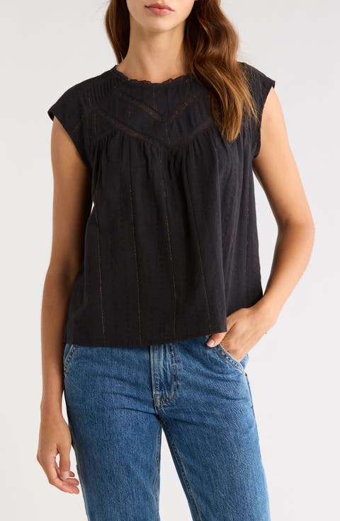 Lace Inset Yoke Metallic Cotton Top