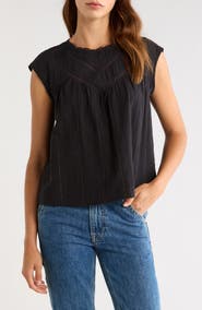 Lucky Brand Lace Inset Yoke Metallic Cotton Top