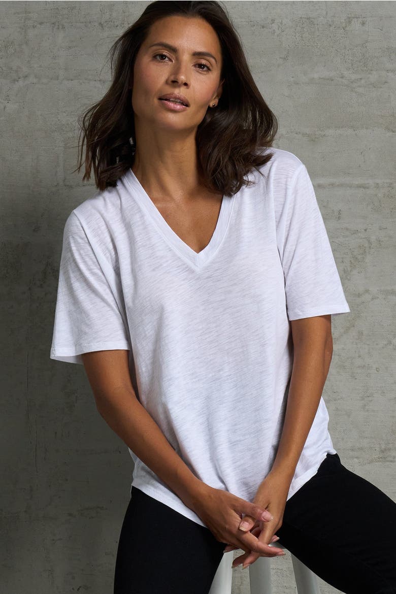 Slub Jersey V-Neck Elbow Sleeve Tee, Alternate, color, White