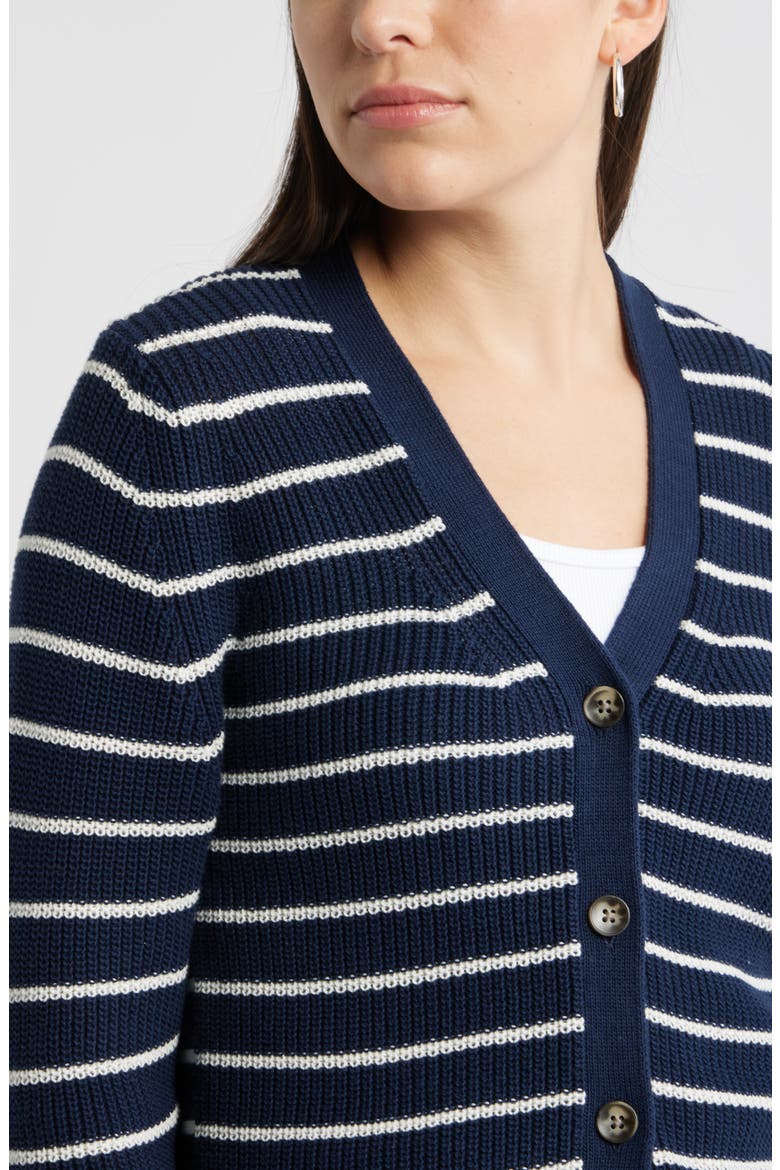 Shaker Stitch V-Neck Pima Cotton Cardigan, Alternate, color, NAVY STILL- IVORY JANA STRIPE