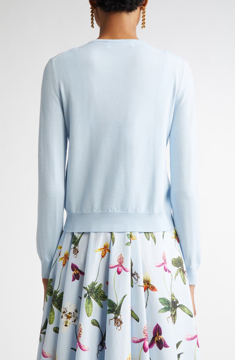 Oscar de la Renta Orchid Embroidered Virgin Wool Cardigan, Alternate, color, Light Blue