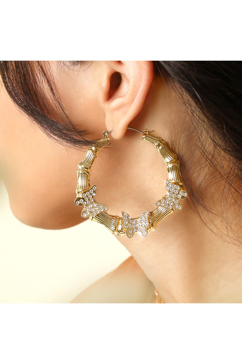 Butterfly on Hoops Earrings, Alternate, color, Gold