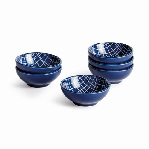 Stria Weaves Dip Bowls, Set of 6 - Dark Blue/White, Ceramic