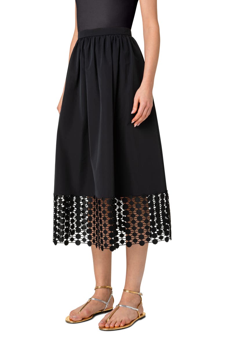 Dot Guipure Lace Hem Taffeta Midi Skirt, Alternate, color, 009 BLACK