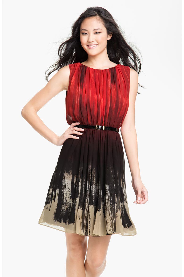 Gradient Print Belted Chiffon Dress, Main, color, BRICK