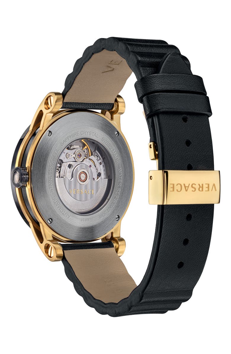 Versace Theros Automatic Leather Strap Watch, 42mm, Alternate, color, 