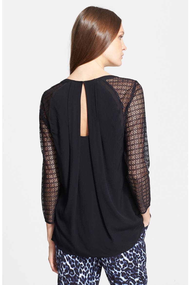 Lace Sleeve Silk Trim Crepe Top, Alternate, color, BLACK