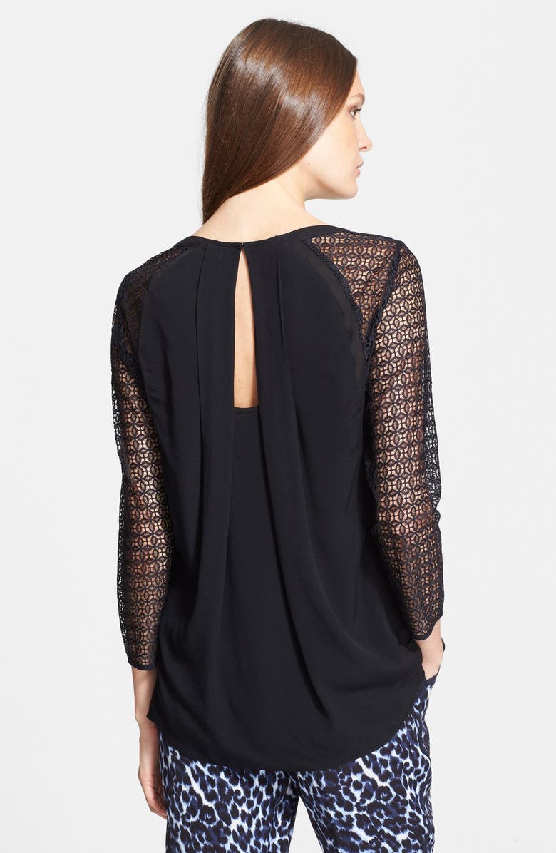 Rebecca Taylor Lace Sleeve Silk Trim Crepe Top, Alternate, color,