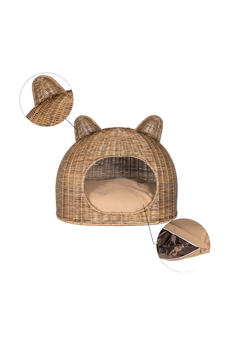 Cat Ear Water Hyacinth Pet Bed with Machine-Washable Cushion, Alternate, color, Natural