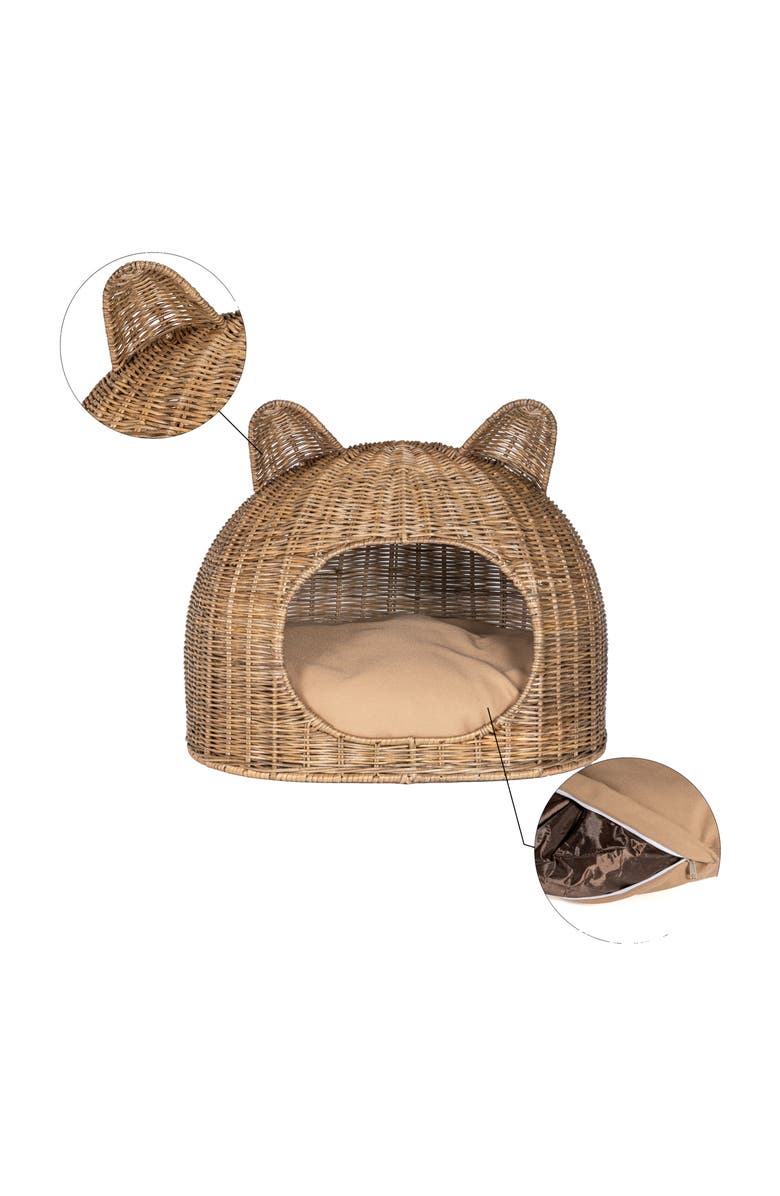 The Licker Store Cat Ear 20" x 14.5" Coastal Handwoven Rattan Pet Bed with Machine-Washable Cushion, Alternate, color, Natural