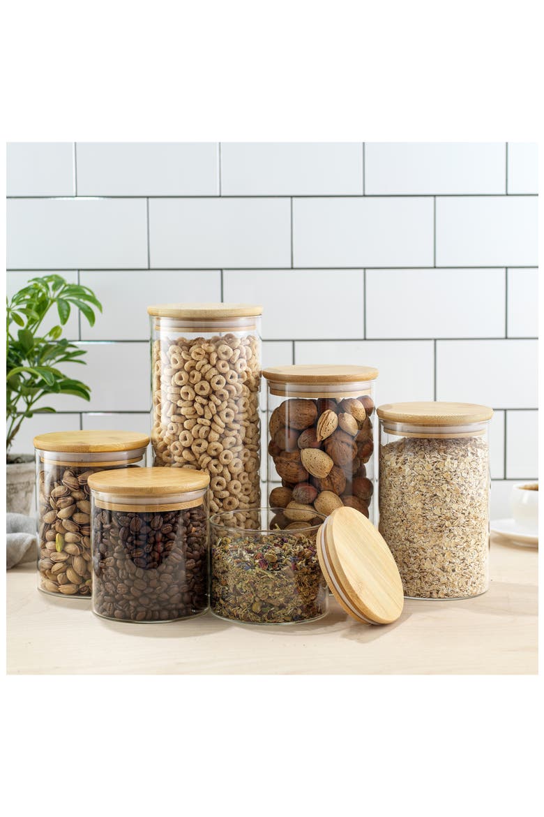 Set of 6 Multisize Glass Jars with Airtight Bamboo Lids, Alternate, color, CLEAR