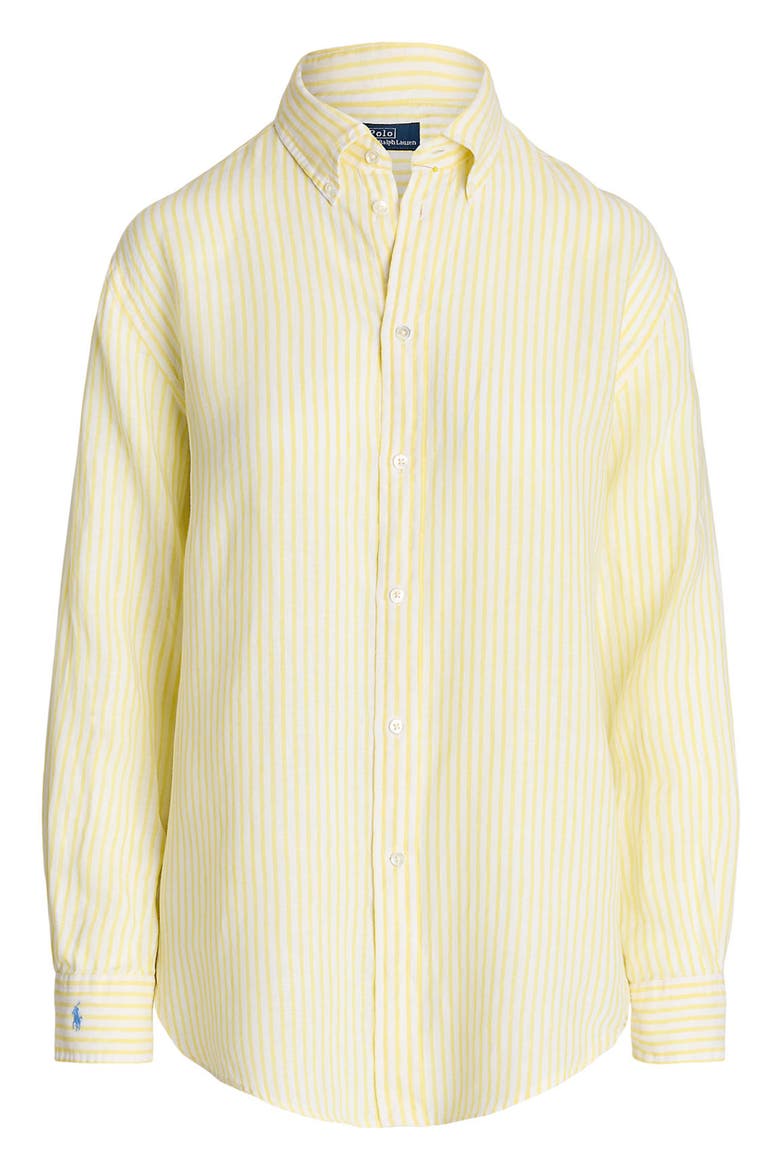 Oversize Stripe Linen Button-Down Shirt, Alternate, color, COASTAL YELLOW/ WHITE