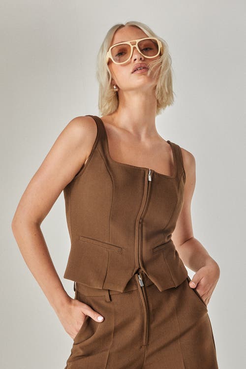 NASTY GAL Zip Front Sleeveless Tailored Top in Chocolate at Nordstrom, Size 0