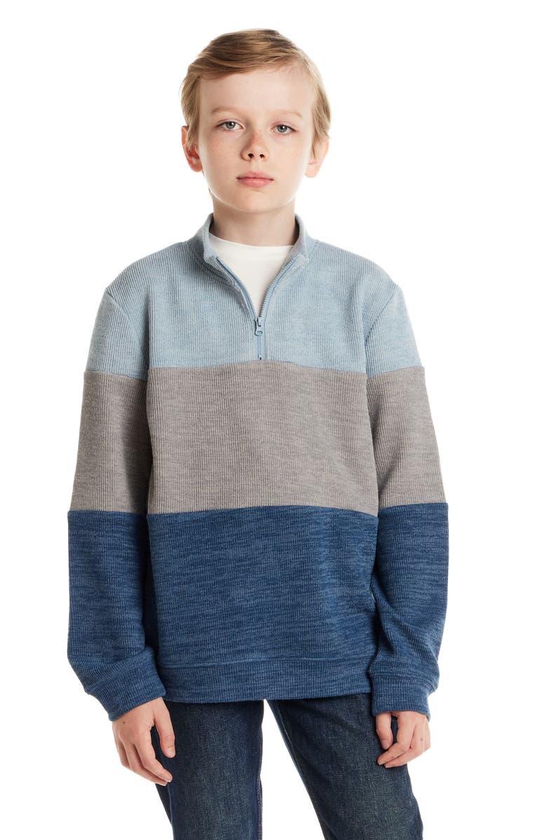 Andy & Evan Kids' Colorblock Quarter Zip Cotton Sweater, Alternate, color, Light Blue Stripe