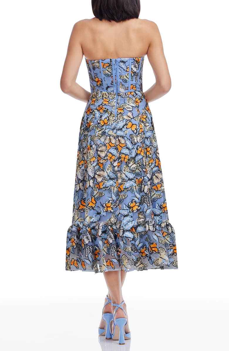 Dress the Population Carina Butterfly Appliqué Strapless Cocktail Midi Dress, Alternate, color, Sky Blue Multi