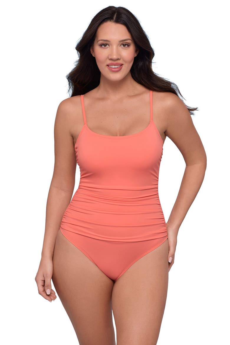Smoothing and Sculpting Classic Shirred Front One-Piece Swimsuit, Main, color, Watermelon