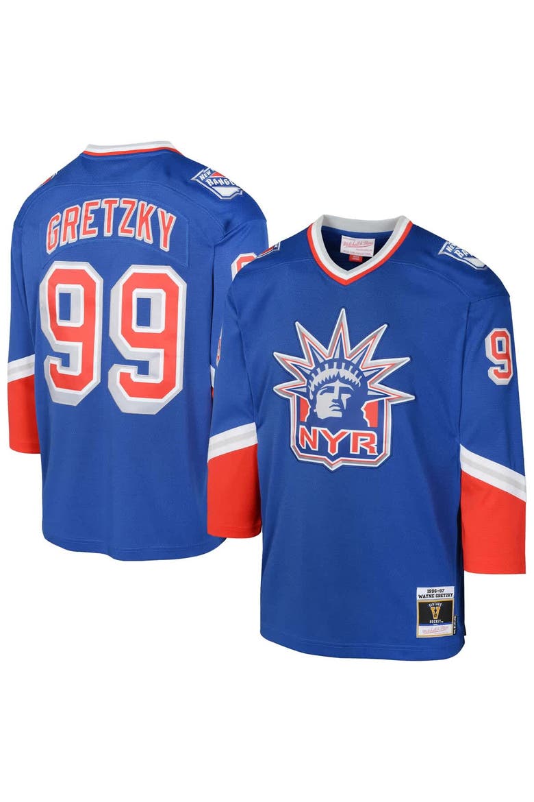 Youth Mitchell & Ness Wayne Gretzky New York Rangers 1996/97   Blue Line Player Jersey, Main, color, Blue