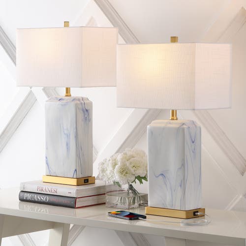 Jonathan Y Chloe 24.5" Modern Coastal Iron/marbled Ceramic Led Table Lamp With Usb Charging Port, Bl In Blue/white