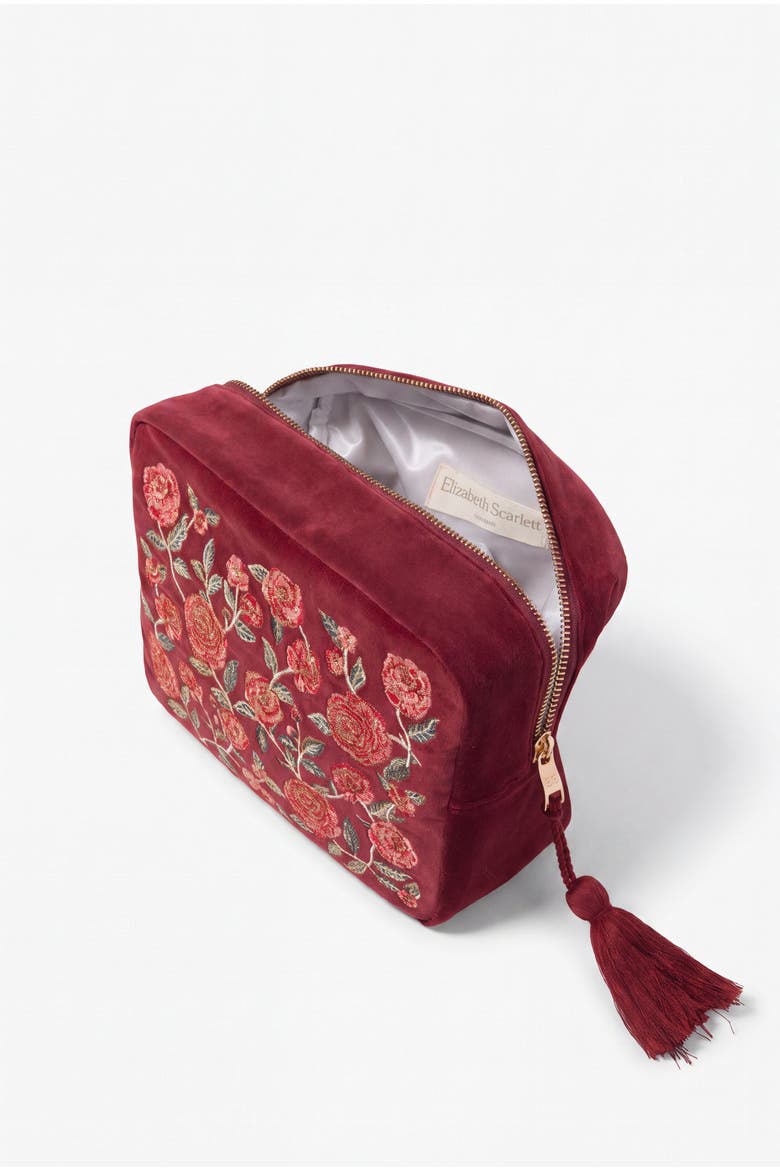 Camellia Romance Velvet Wash Bag, Alternate, color, Cranberry