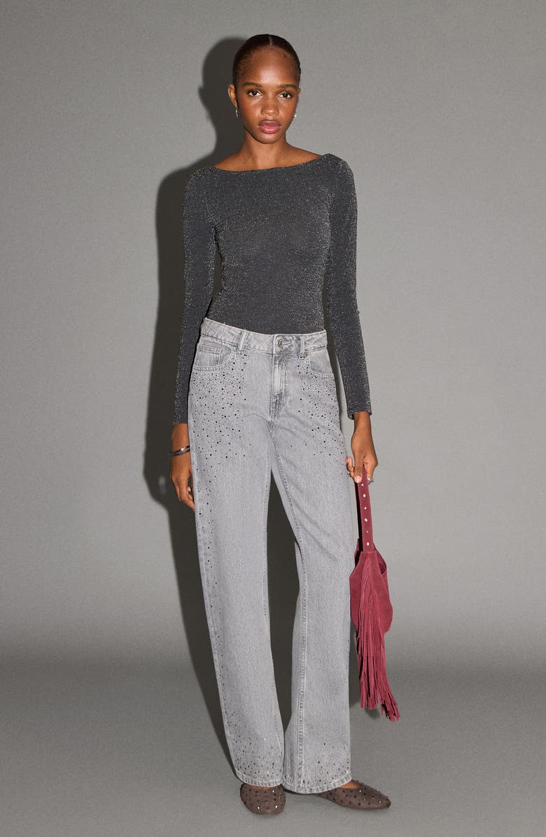 MANGO TEEN Shimmer Open Back Long Sleeve Bodysuit, Alternate, color, Black