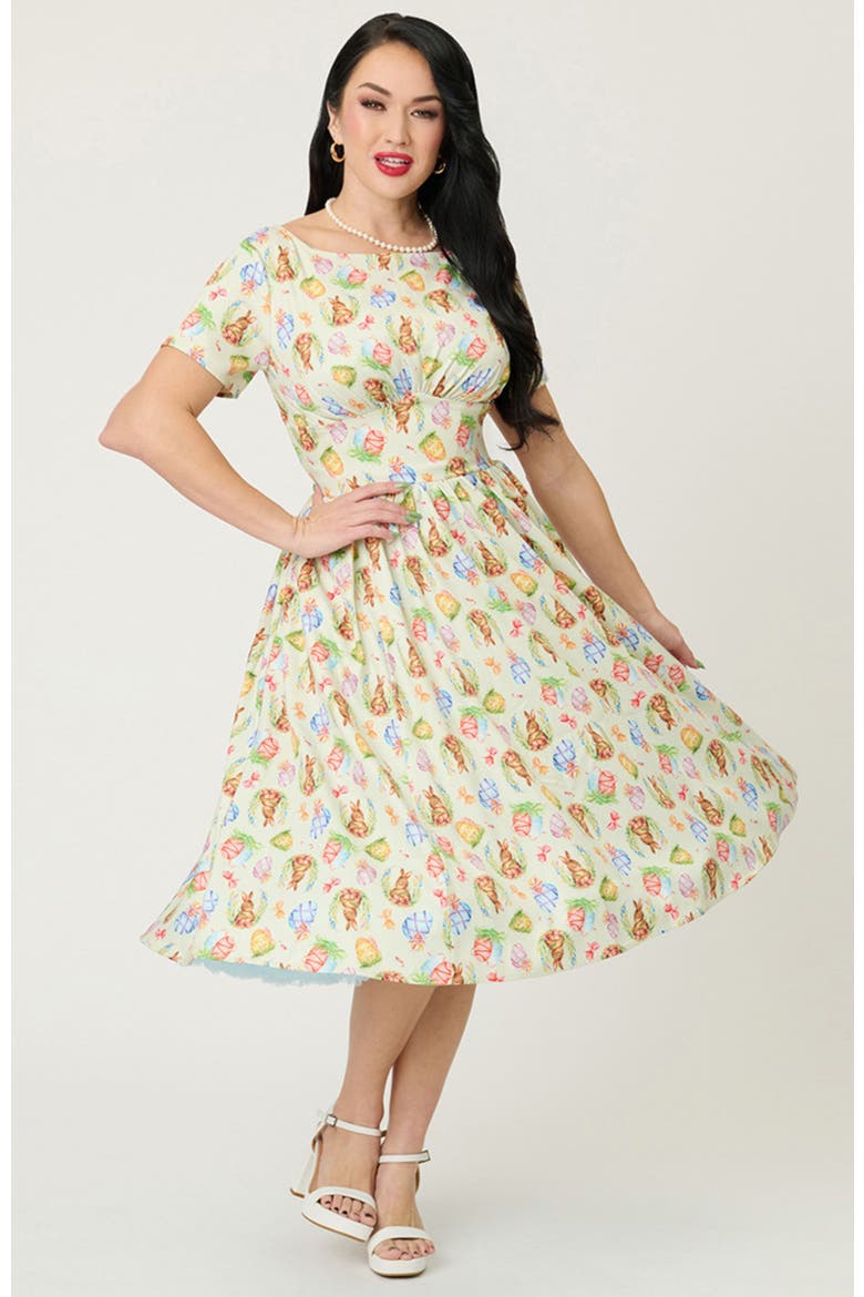Smocked Back Swing Dress, Main, color, Green W/Bunny Print