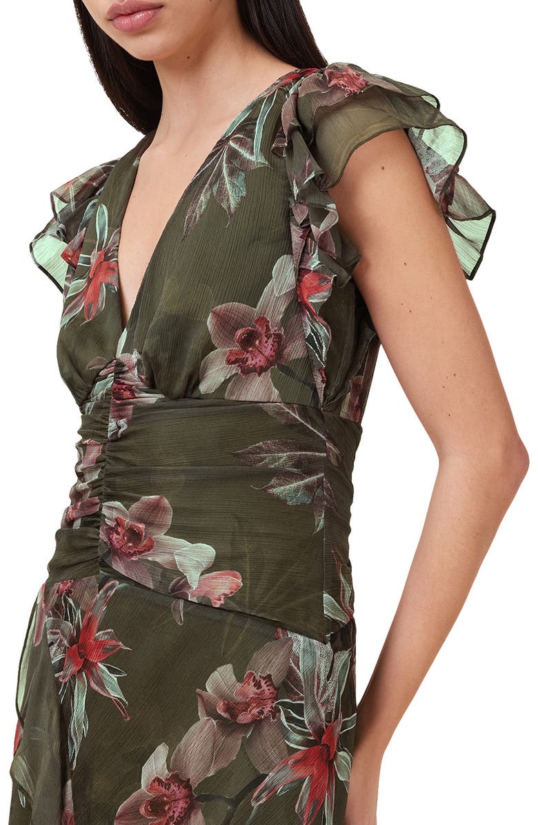 AllSaints Brea Orchid Print Asymmetric Dress, Alternate, color, Adena Khaki Green