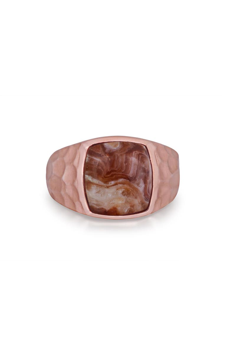 LuvMyJewelry Red Lace Agate Sterling Silver Textured Men Signet Ring, Main, color, 14Kt Rose Gold Vermeil