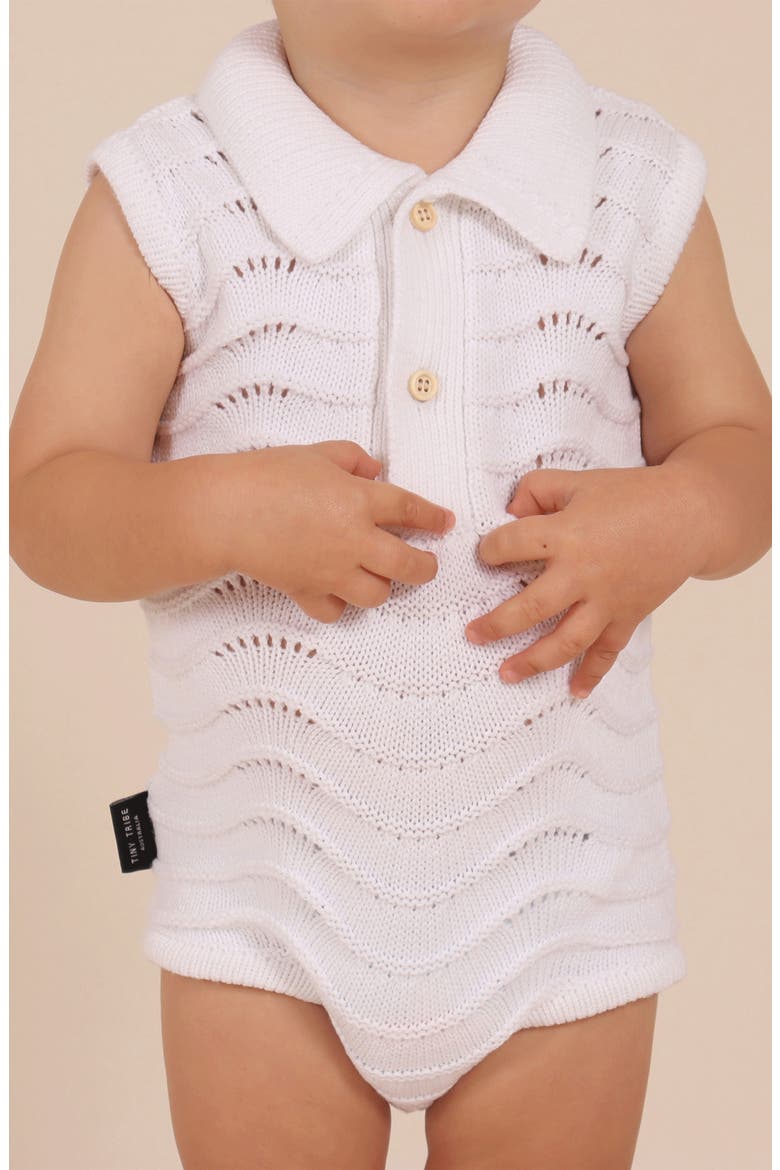 Open Stitch Cotton Polo Sweater Romper, Alternate, color, WHITE