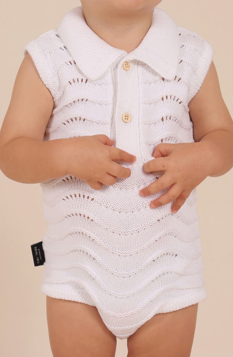TINY TRIBE Open Stitch Cotton Polo Sweater Romper, Alternate, color, White