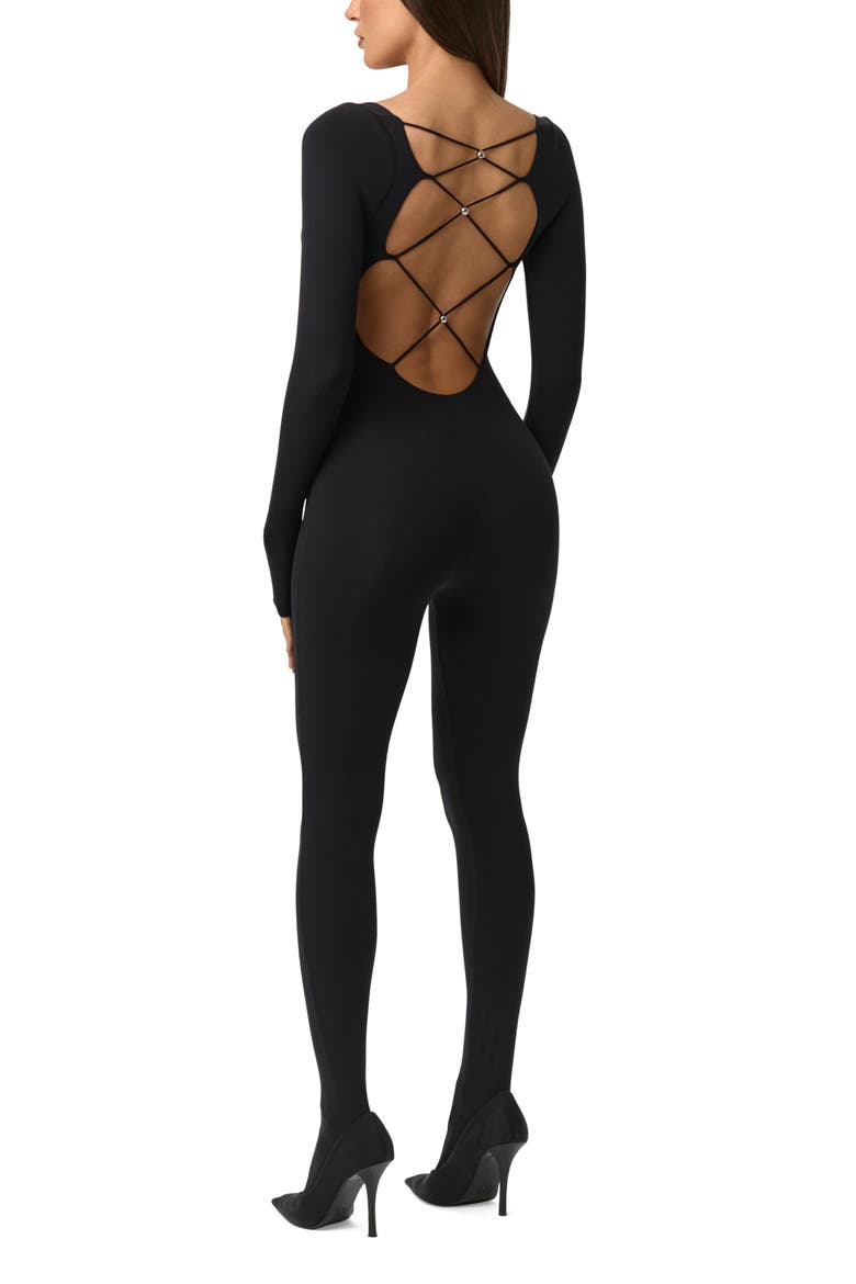 Tie Back Long Sleeve Jumpsuit, Alternate, color, BLACK