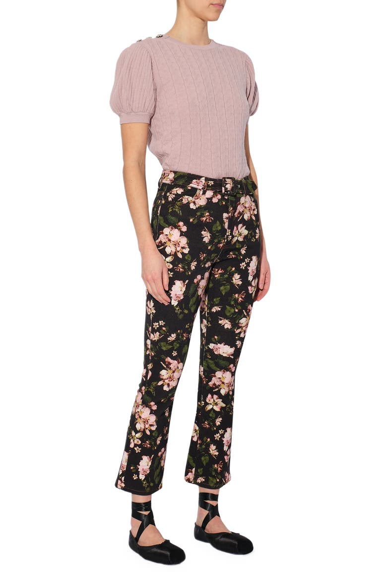 Vina Margot Posy Print Belted Flare Jeans, Alternate, color, BLACK / PINK