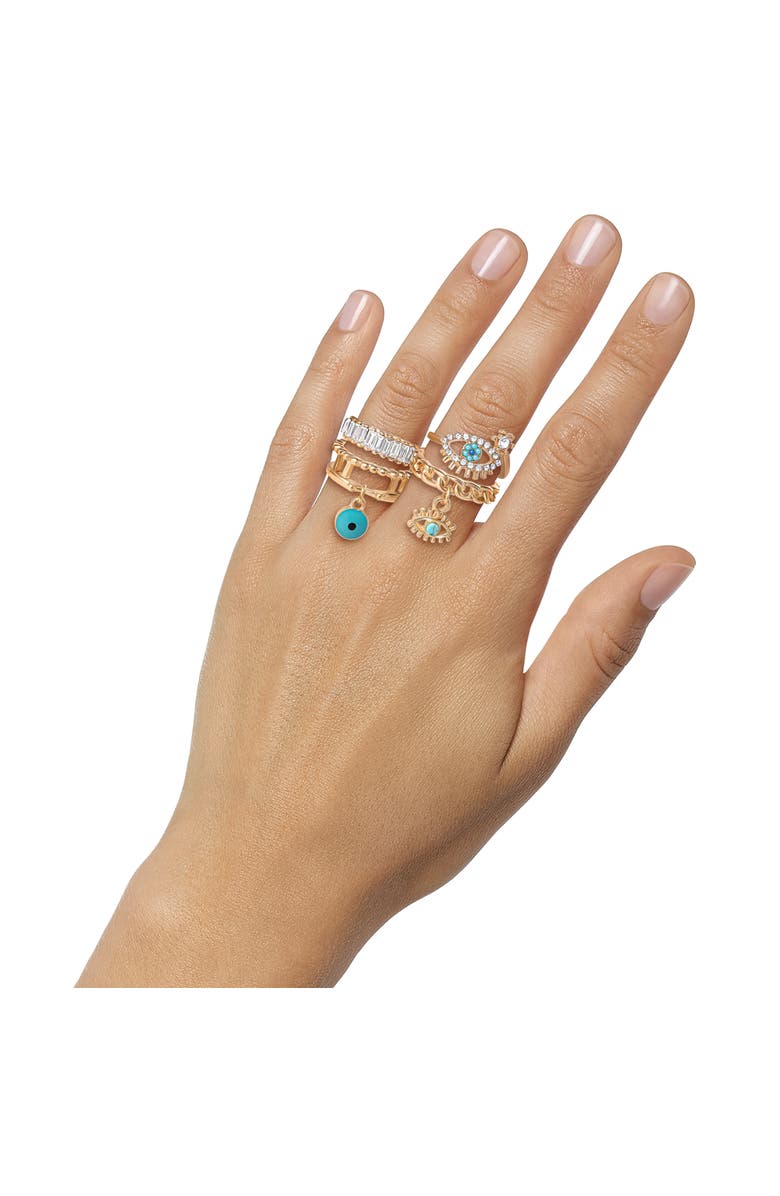 Jessica Simpson 4-Piece Charm Ring Set with Turquoise Accents, Size 7, Alternate, color, Gold