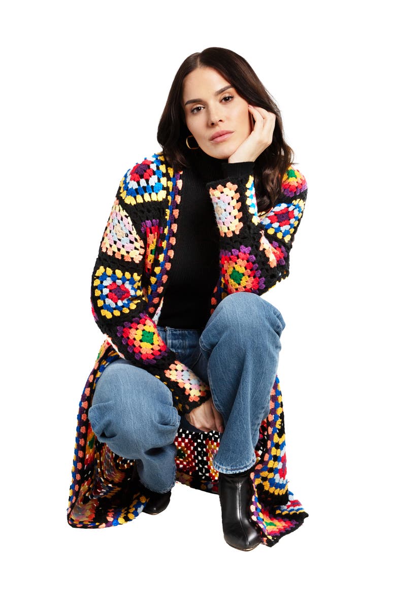 SAACHI Granny Square Crochet Longline Cardigan, Alternate, color, Black/Natural Multi