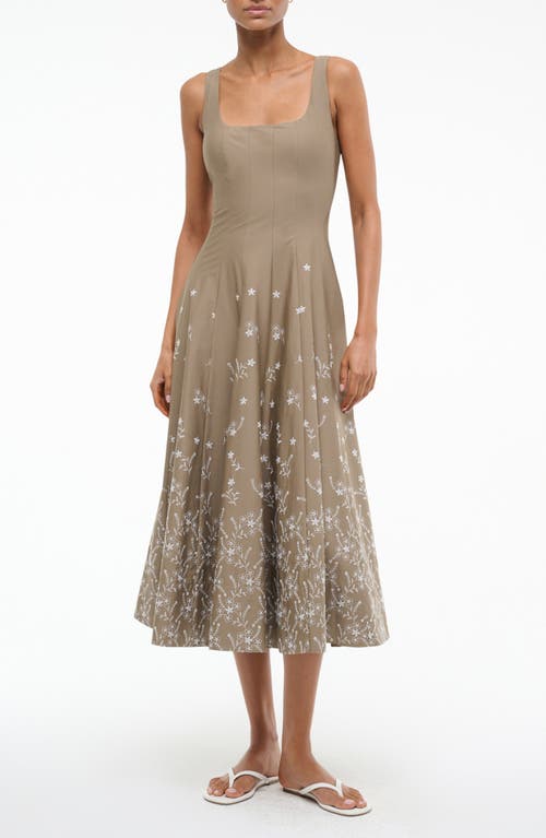 Staud Wells Embroidered Sleeveless Stretch Cotton Midi Dress In Brown