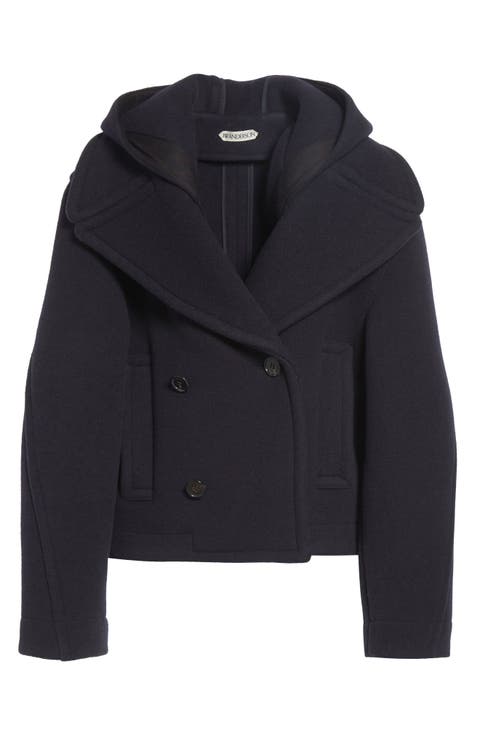 Crop Double Face Wool Peacoat with Removable Hood
