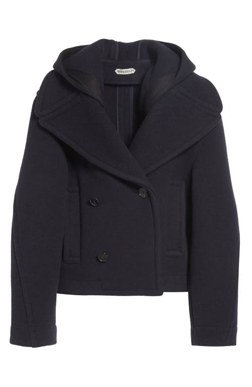 Jw Anderson Crop Double Face Wool Peacoat With Removable Hood In Blue