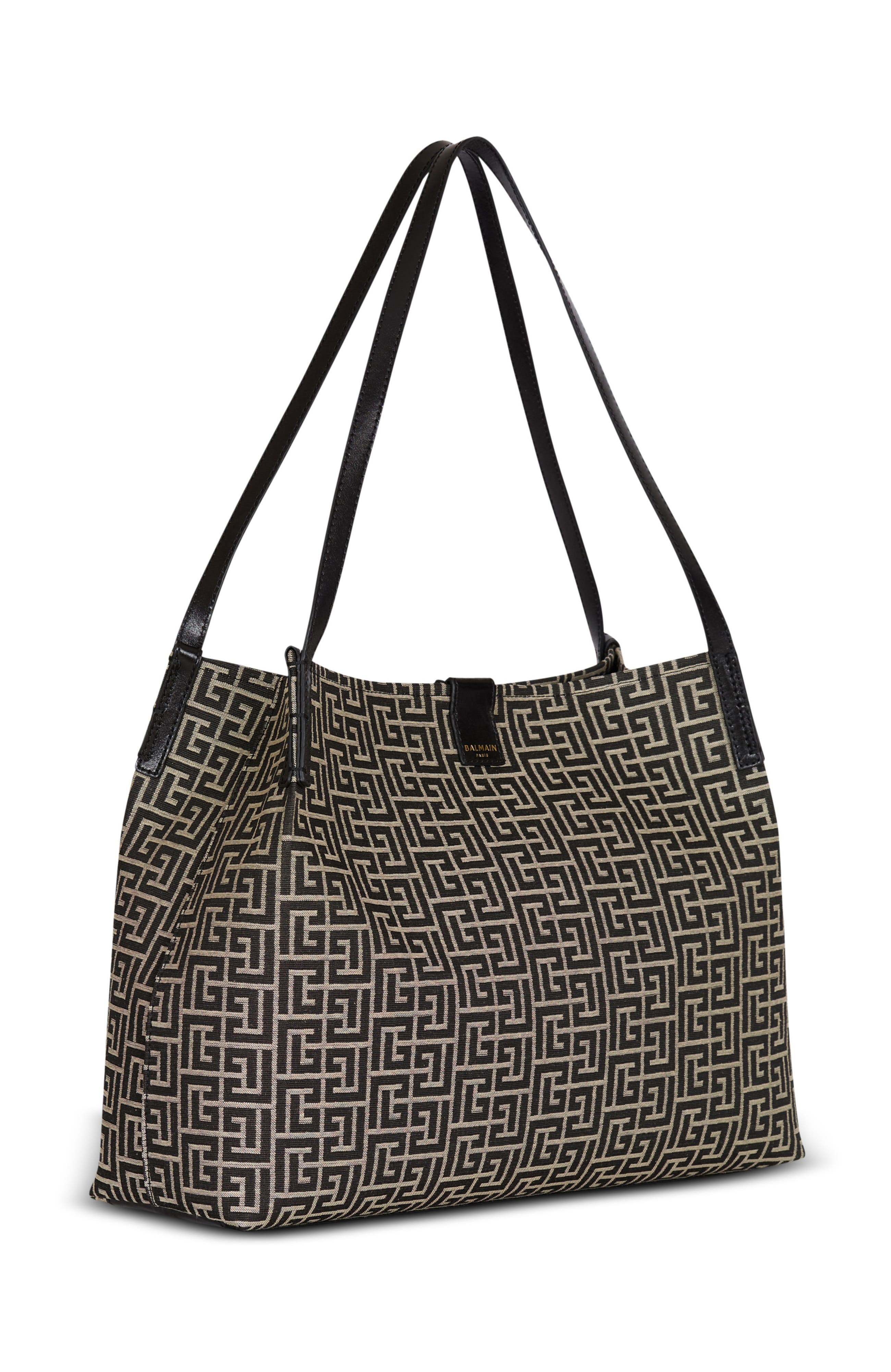 Balmain Medium Release Shopper bag in monogram jacquard and calfskin leather, Alternate, color, Black