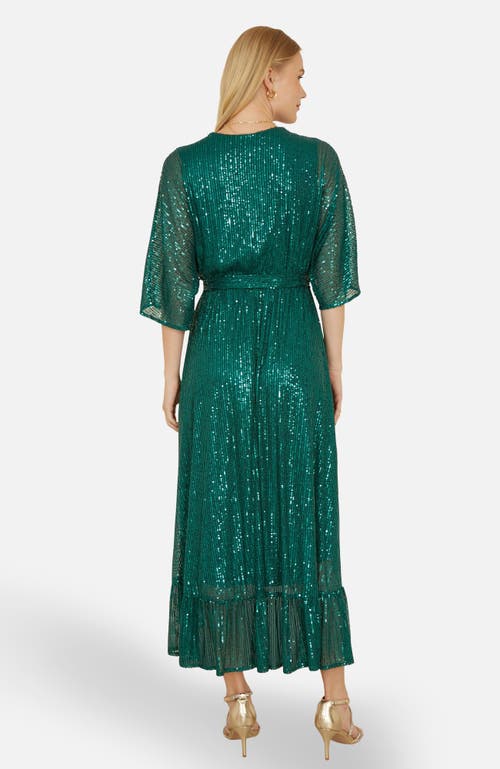 Yumi Sequin Kimono Midi Wrap Dress In Green