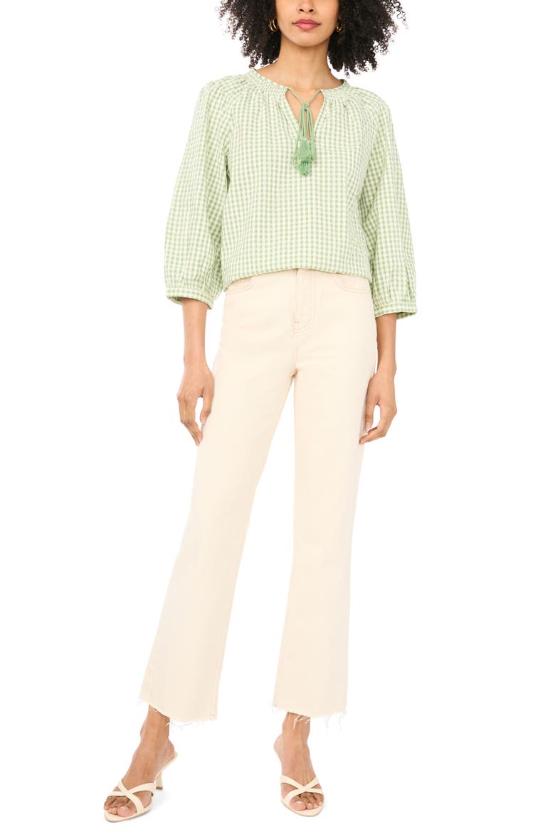 Print Tie Neck Cotton Peasant Top, Alternate, color, LILY GREEN
