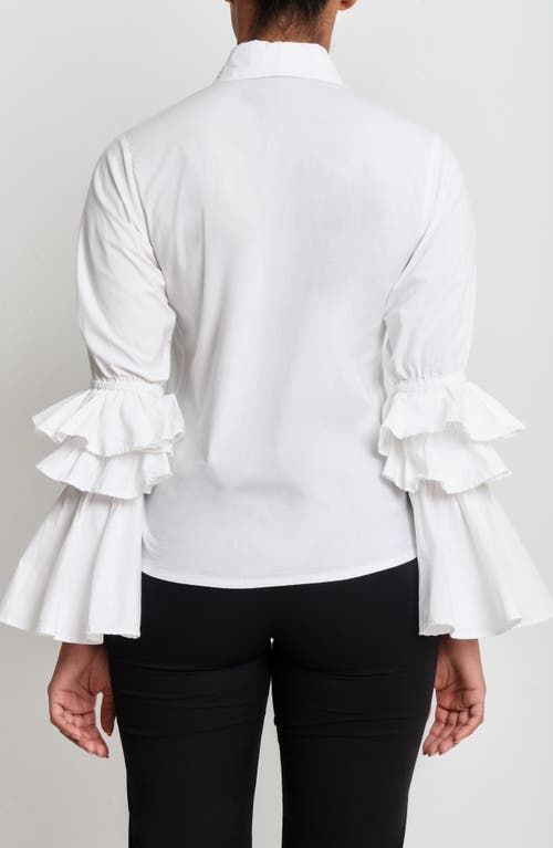 The Lulo Project Brave Ruffle Bell Sleeve Stretch Cotton Button-up Shirt In White