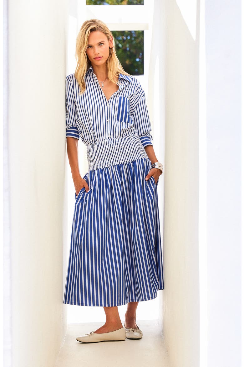 Leighton Ruched Sleeve Stripe Shirt, Alternate, color, INDIGO