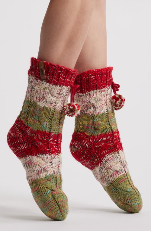 MUK LUKS Cottage Faux Fur Lined Crew Socks in Red Multi 