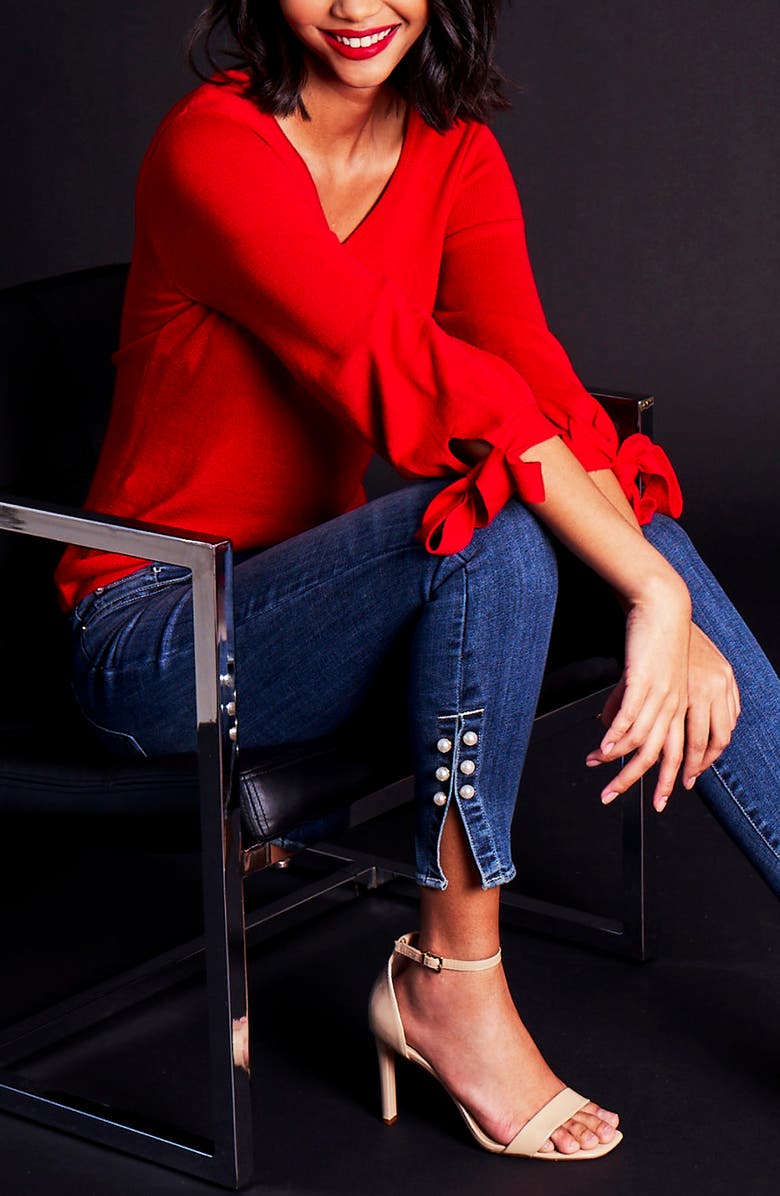 CeCe Tie Sleeve Cotton Blend Sweater, Alternate, color, Luminous Red