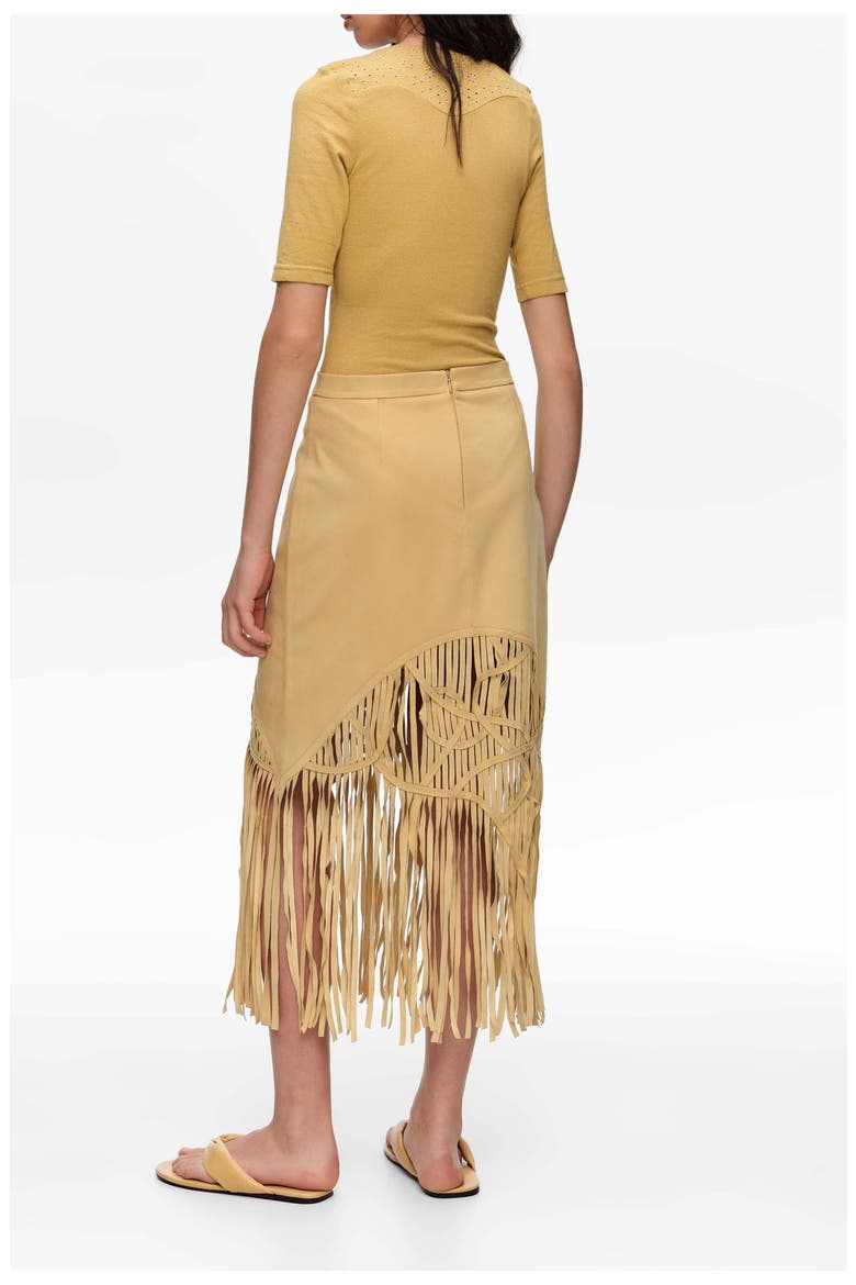 Suede Midi Skirt With Irregular Fringes, Alternate, color, MUSTARD